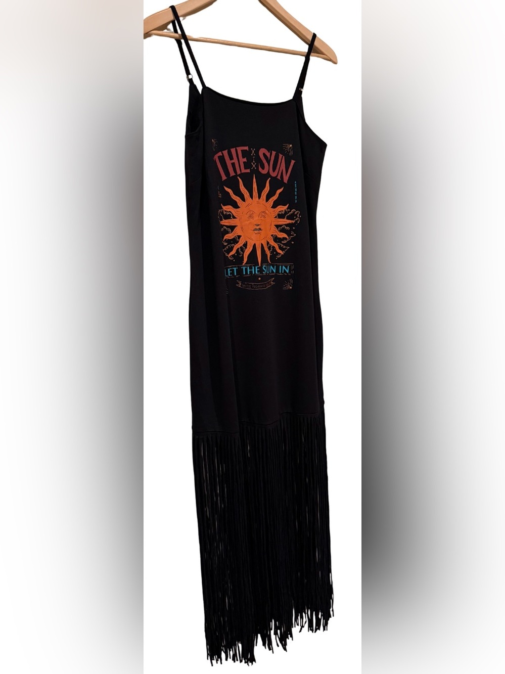 Anthropologie Farm Rio Slim Fringe Maxi Dress XS Black Celestial Motif Festival - Picture 4 of 9